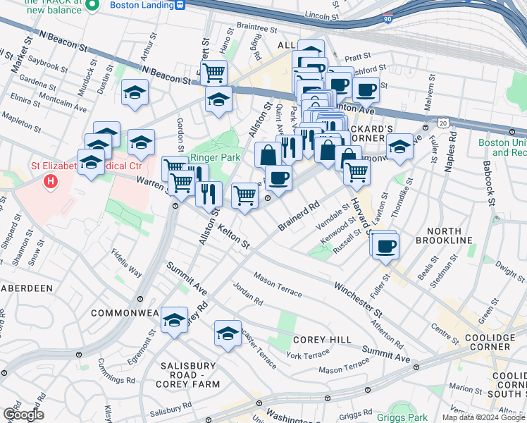 map of restaurants, bars, coffee shops, grocery stores, and more near 1328 Commonwealth Avenue in Boston