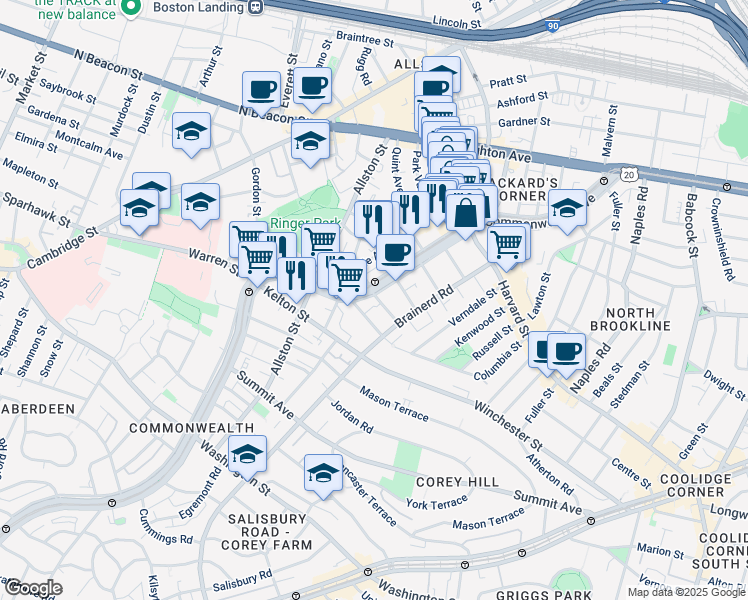 map of restaurants, bars, coffee shops, grocery stores, and more near 1322 Commonwealth Avenue in Boston