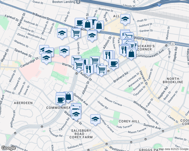 map of restaurants, bars, coffee shops, grocery stores, and more near 1384 Commonwealth Avenue in Boston