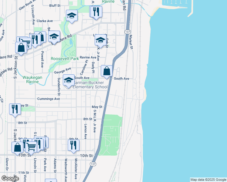 map of restaurants, bars, coffee shops, grocery stores, and more near 638 Kennard Street in Waukegan