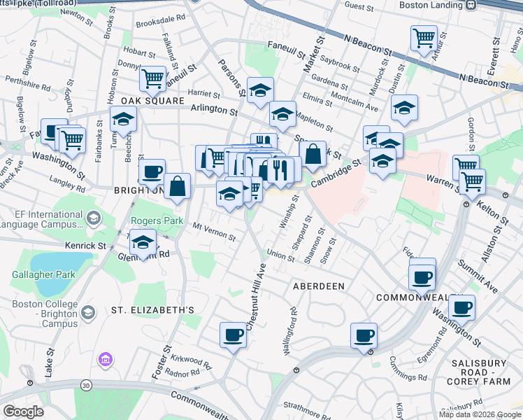 map of restaurants, bars, coffee shops, grocery stores, and more near 21 Peaceable Street in Boston