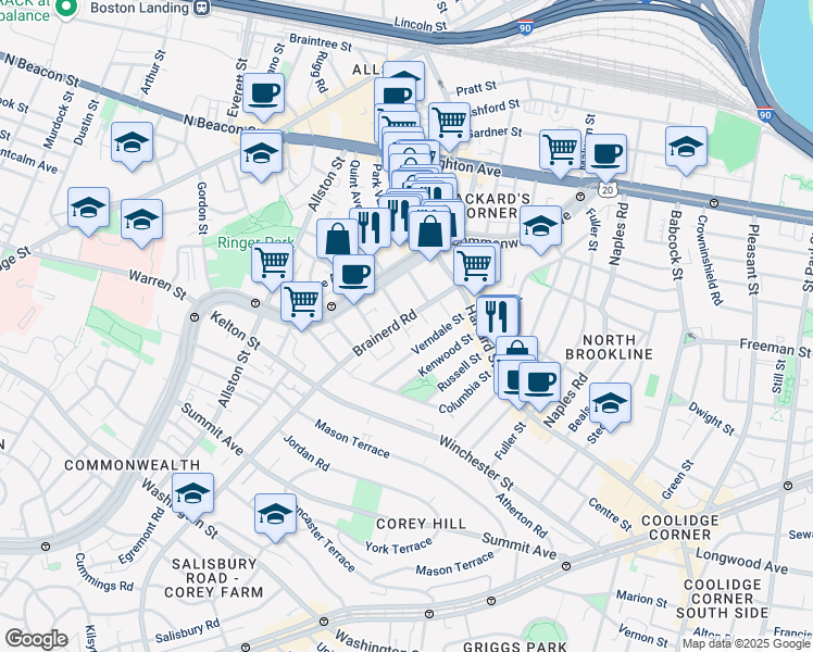 map of restaurants, bars, coffee shops, grocery stores, and more near 42 Brainerd Road in Allston