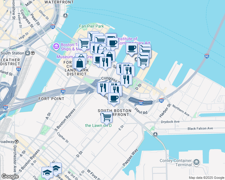 map of restaurants, bars, coffee shops, grocery stores, and more near 400 Summer Street in Boston