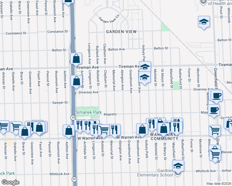 map of restaurants, bars, coffee shops, grocery stores, and more near 7551 Memorial Street in Detroit