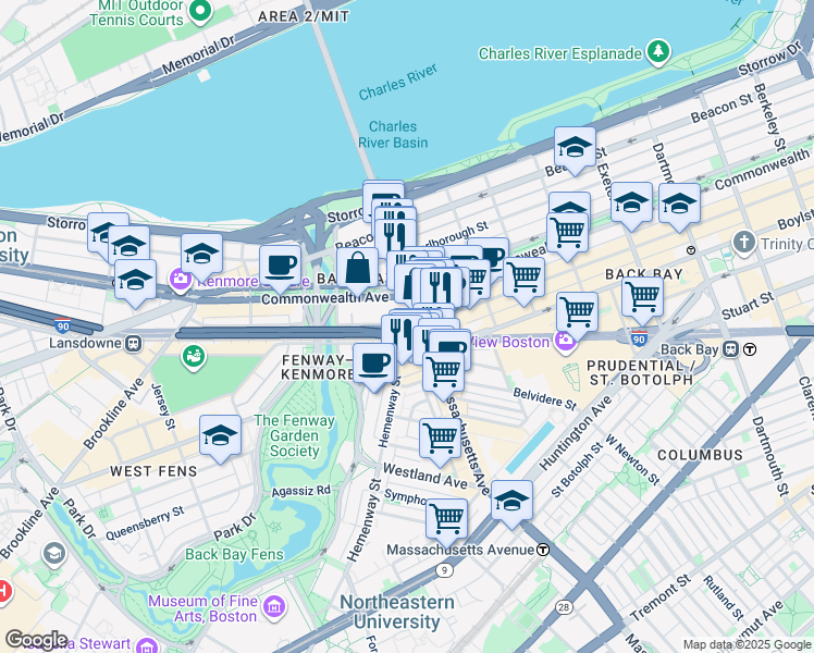 map of restaurants, bars, coffee shops, grocery stores, and more near 408 Newbury Street in Boston