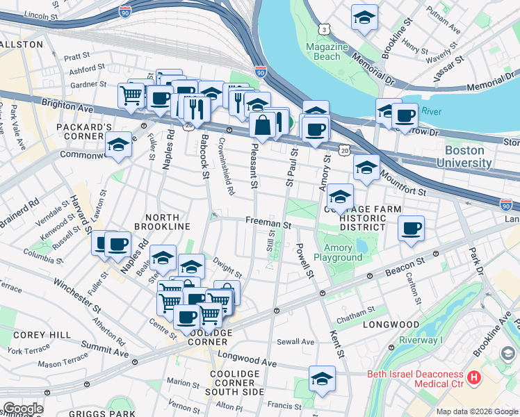 map of restaurants, bars, coffee shops, grocery stores, and more near 73 Thatcher Street in Brookline