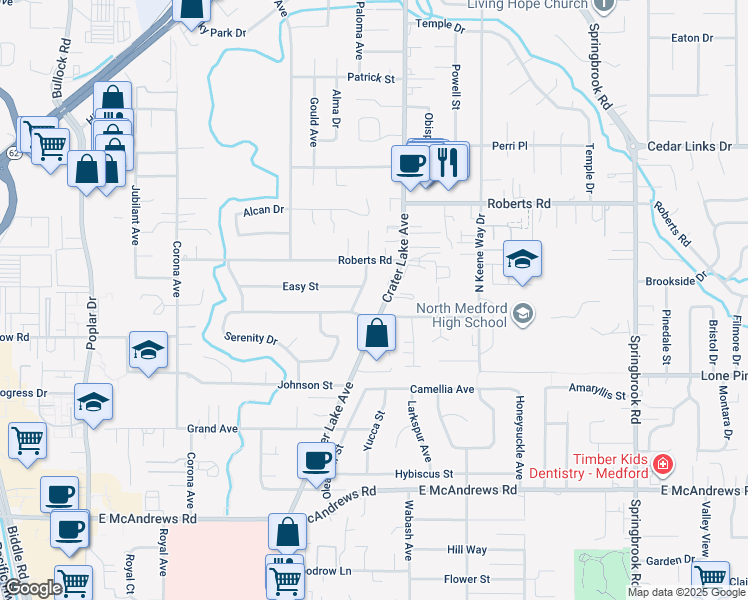 map of restaurants, bars, coffee shops, grocery stores, and more near 1927 Crater Lake Avenue in Medford