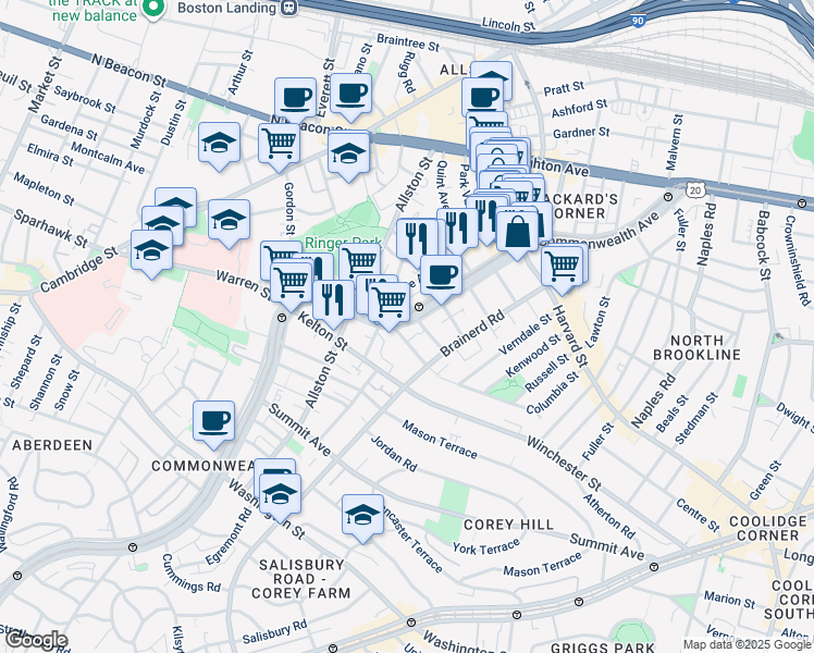 map of restaurants, bars, coffee shops, grocery stores, and more near 1348 Commonwealth Avenue in Boston