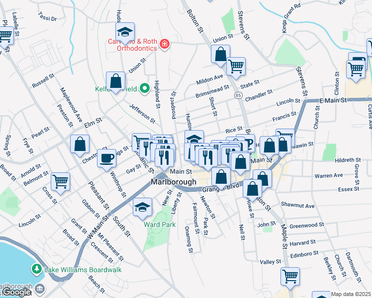 map of restaurants, bars, coffee shops, grocery stores, and more near 119 Washington Street in Marlborough