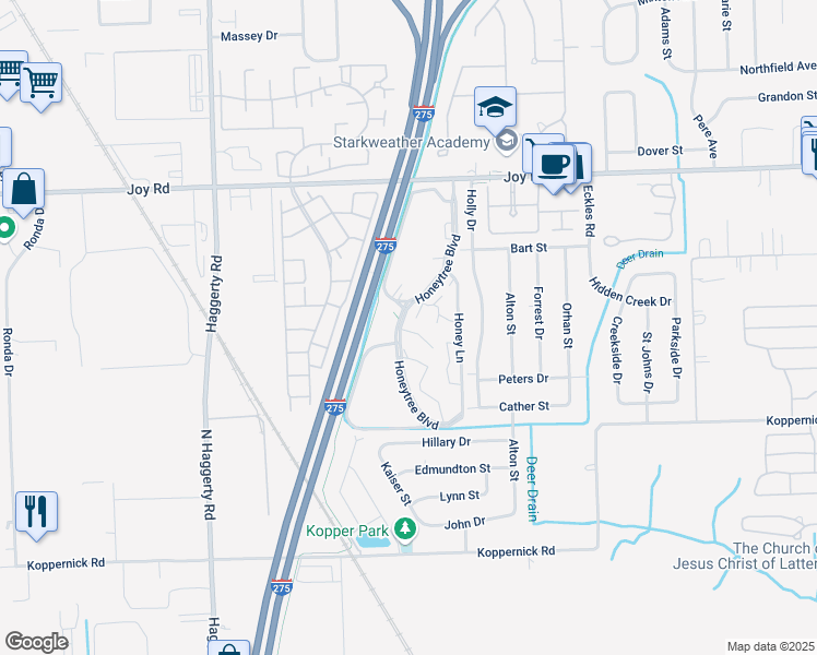 map of restaurants, bars, coffee shops, grocery stores, and more near 8360 Honeytree Boulevard in Canton