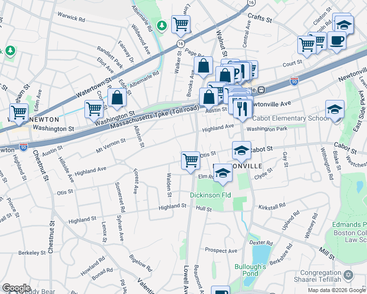 map of restaurants, bars, coffee shops, grocery stores, and more near 20 Birch Hill Road in Newton