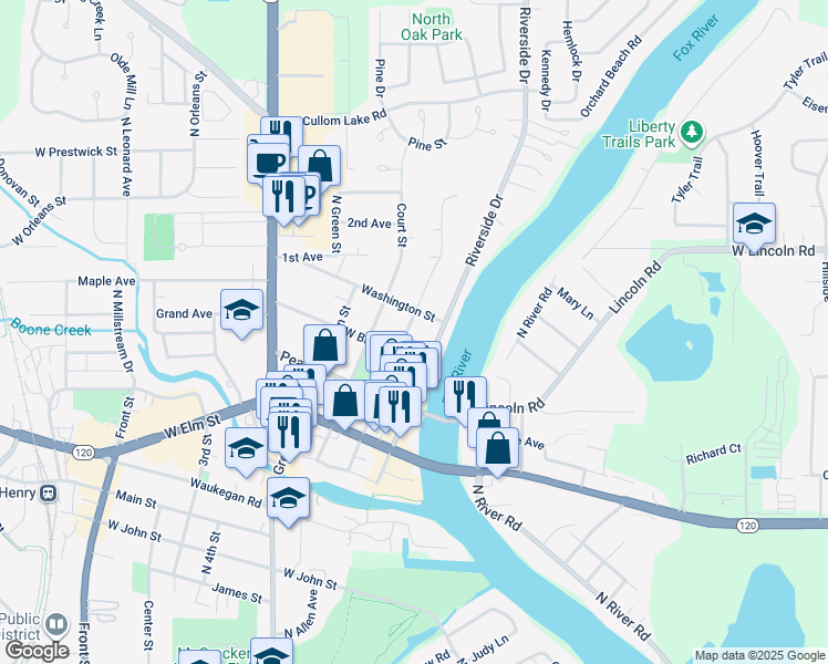 map of restaurants, bars, coffee shops, grocery stores, and more near 1508 Park Street in McHenry