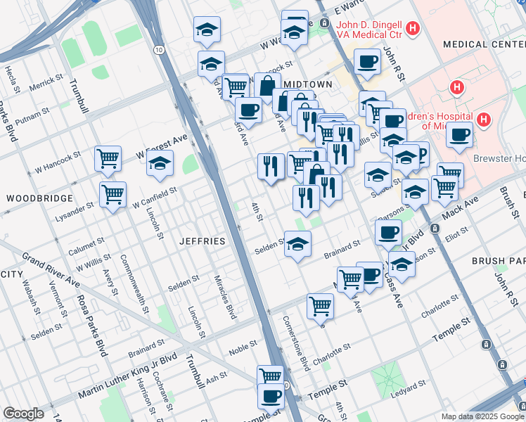 map of restaurants, bars, coffee shops, grocery stores, and more near 4105 4th Street in Detroit