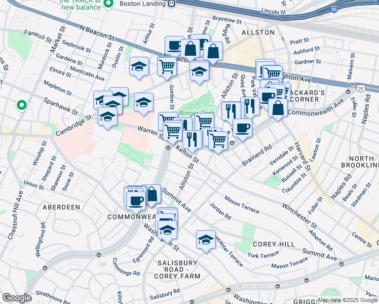 map of restaurants, bars, coffee shops, grocery stores, and more near 153 Kelton Street in Boston