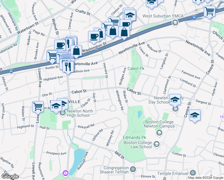 map of restaurants, bars, coffee shops, grocery stores, and more near 262 Cabot Street in Newton