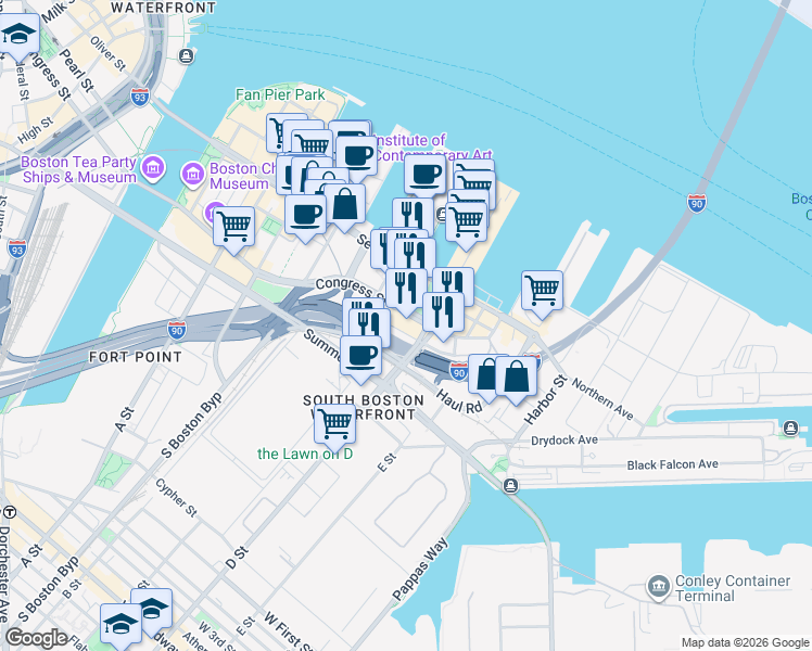 map of restaurants, bars, coffee shops, grocery stores, and more near 505 Congress Street in Boston