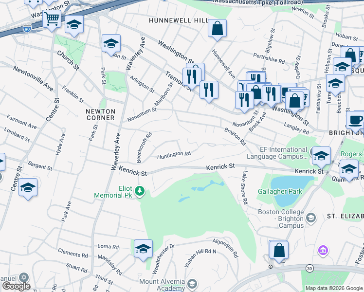 map of restaurants, bars, coffee shops, grocery stores, and more near 14 Chamberlain Road in Newton