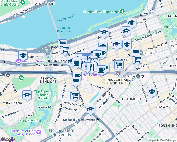 map of restaurants, bars, coffee shops, grocery stores, and more near 941 Boylston Street in Boston