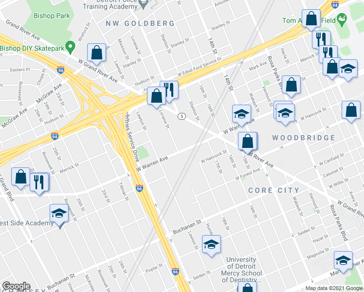 map of restaurants, bars, coffee shops, grocery stores, and more near 2614 West Warren Avenue in Detroit
