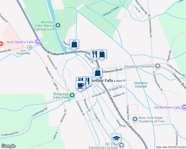 map of restaurants, bars, coffee shops, grocery stores, and more near 200 Henry Street in Montour Falls