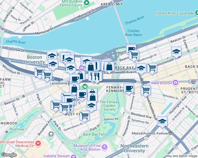 map of restaurants, bars, coffee shops, grocery stores, and more near 35-37 Lansdowne Street in Boston