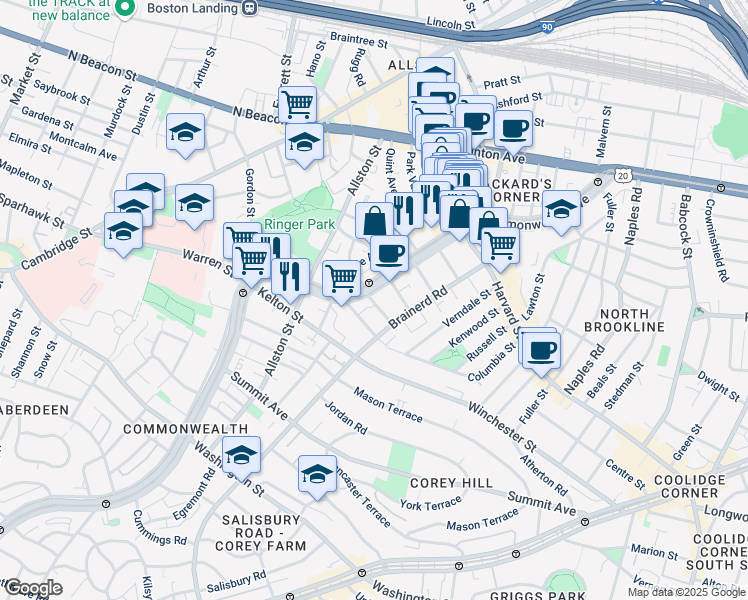 map of restaurants, bars, coffee shops, grocery stores, and more near 1322 Commonwealth Avenue in Boston
