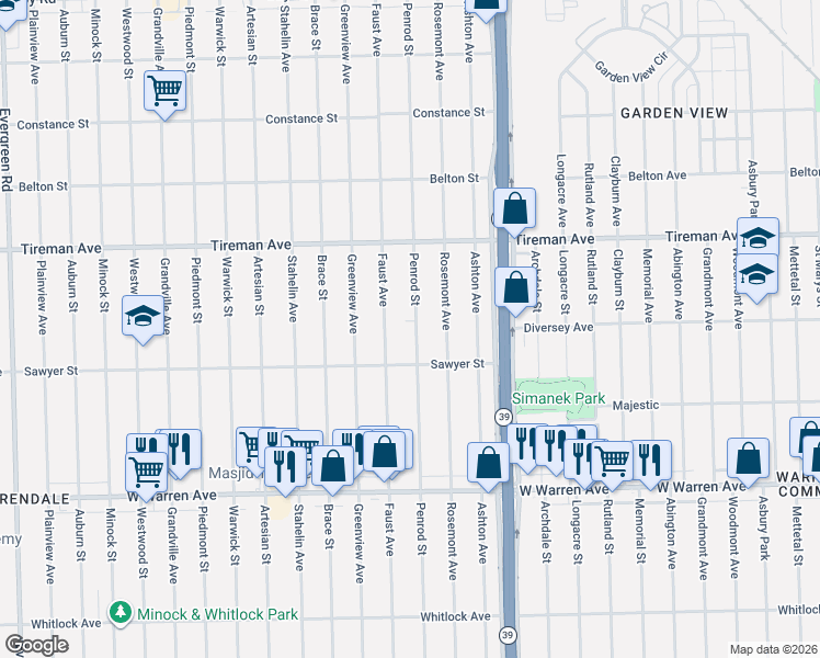 map of restaurants, bars, coffee shops, grocery stores, and more near 7671 Penrod Street in Detroit