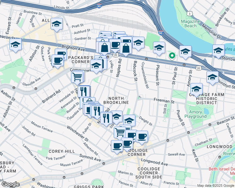 map of restaurants, bars, coffee shops, grocery stores, and more near in Brookline
