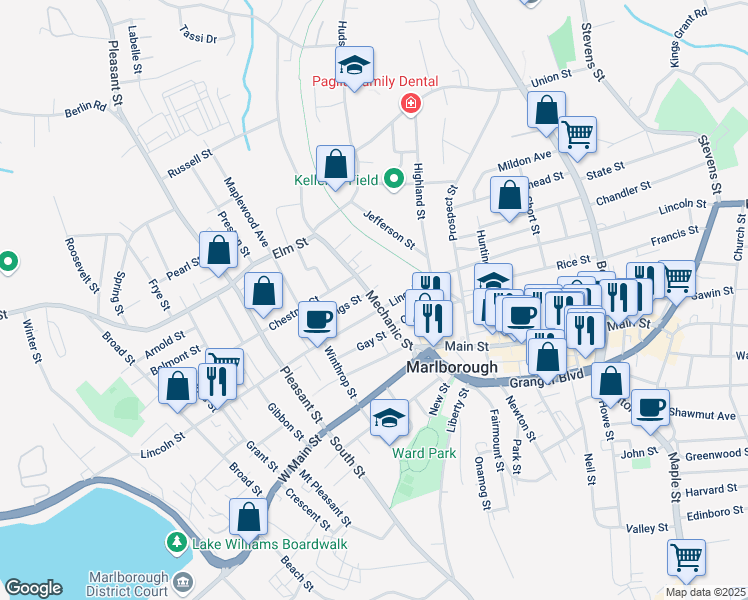 map of restaurants, bars, coffee shops, grocery stores, and more near 80 Mechanic St in Marlborough