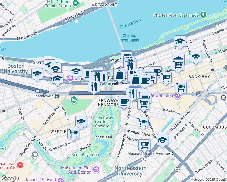 map of restaurants, bars, coffee shops, grocery stores, and more near Charlesgate E & Newbury St in Boston