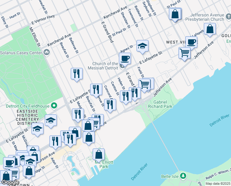 map of restaurants, bars, coffee shops, grocery stores, and more near 625 Canton Street in Detroit