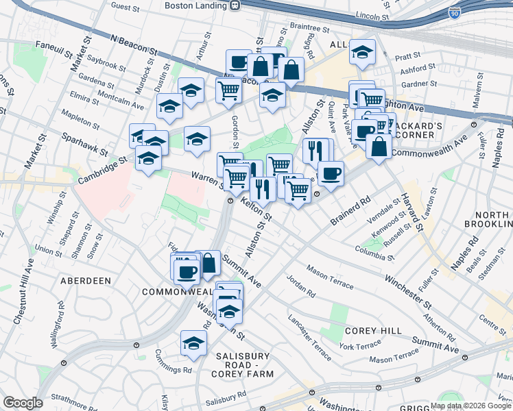 map of restaurants, bars, coffee shops, grocery stores, and more near 164 Kelton Street in Boston