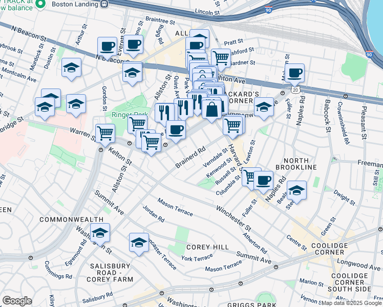 map of restaurants, bars, coffee shops, grocery stores, and more near 65 Brainerd Road in Boston