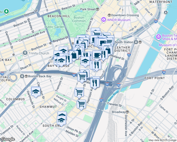 map of restaurants, bars, coffee shops, grocery stores, and more near 888 Washington Street in Boston