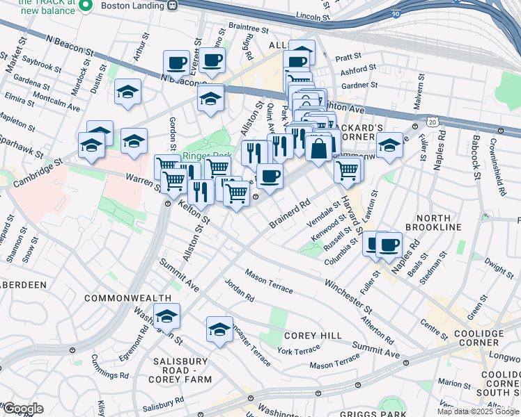 map of restaurants, bars, coffee shops, grocery stores, and more near 1322 Commonwealth Avenue in Boston