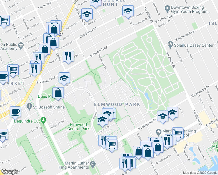 map of restaurants, bars, coffee shops, grocery stores, and more near 2962 Prince Hall Drive in Detroit