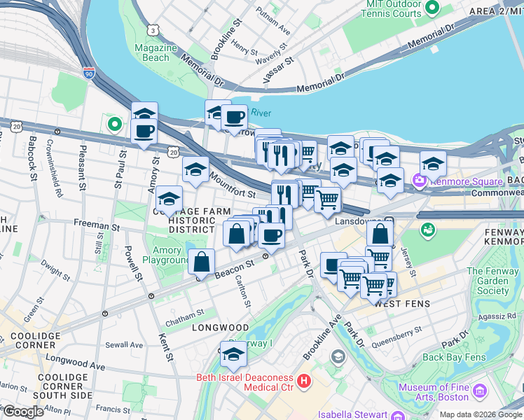 map of restaurants, bars, coffee shops, grocery stores, and more near 7 Euston Street in Brookline