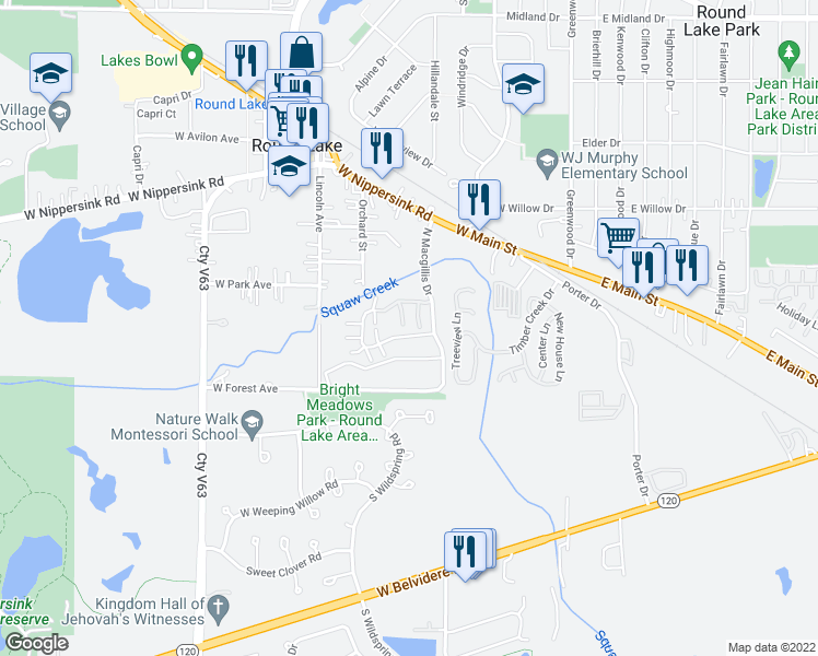 map of restaurants, bars, coffee shops, grocery stores, and more near 274 West Treehouse Lane in Round Lake