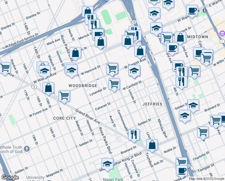 map of restaurants, bars, coffee shops, grocery stores, and more near 4420 Commonwealth Street in Detroit