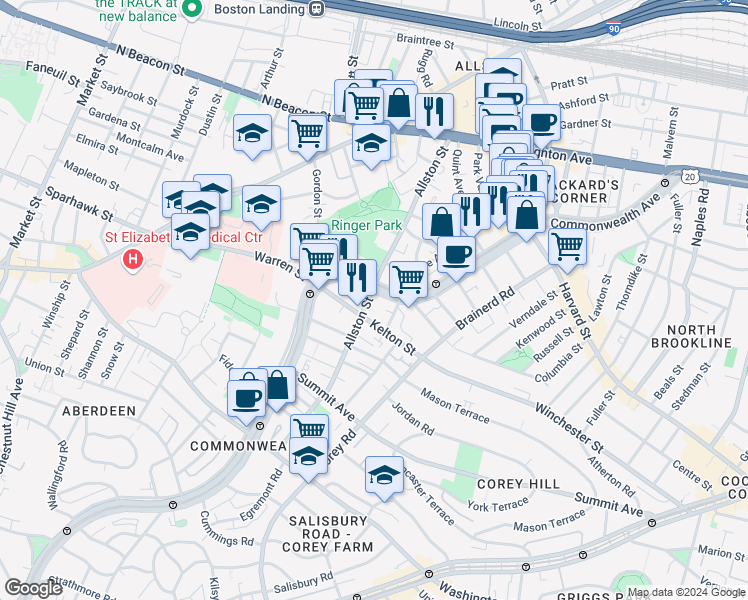 map of restaurants, bars, coffee shops, grocery stores, and more near 1384 Commonwealth Avenue in Boston