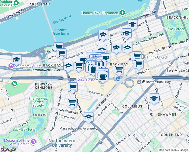 map of restaurants, bars, coffee shops, grocery stores, and more near 900 Boylston Street in Boston