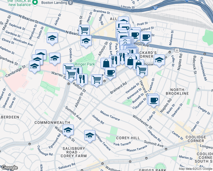 map of restaurants, bars, coffee shops, grocery stores, and more near 1322 Commonwealth Avenue in Allston