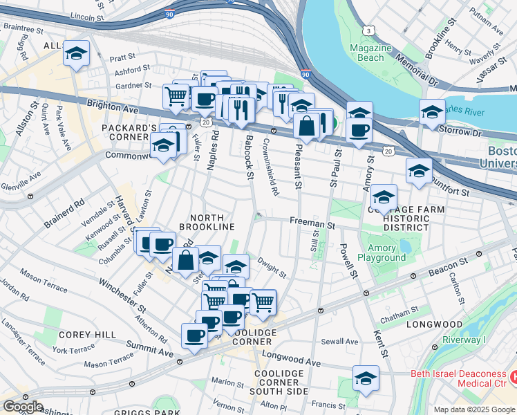 map of restaurants, bars, coffee shops, grocery stores, and more near 145 Babcock Street in Brookline