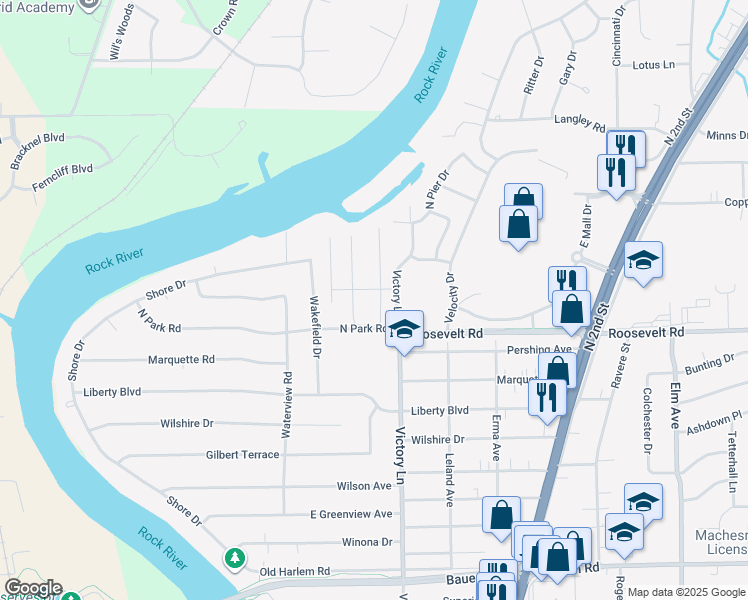 map of restaurants, bars, coffee shops, grocery stores, and more near 239 Northway Park Road in Machesney Park