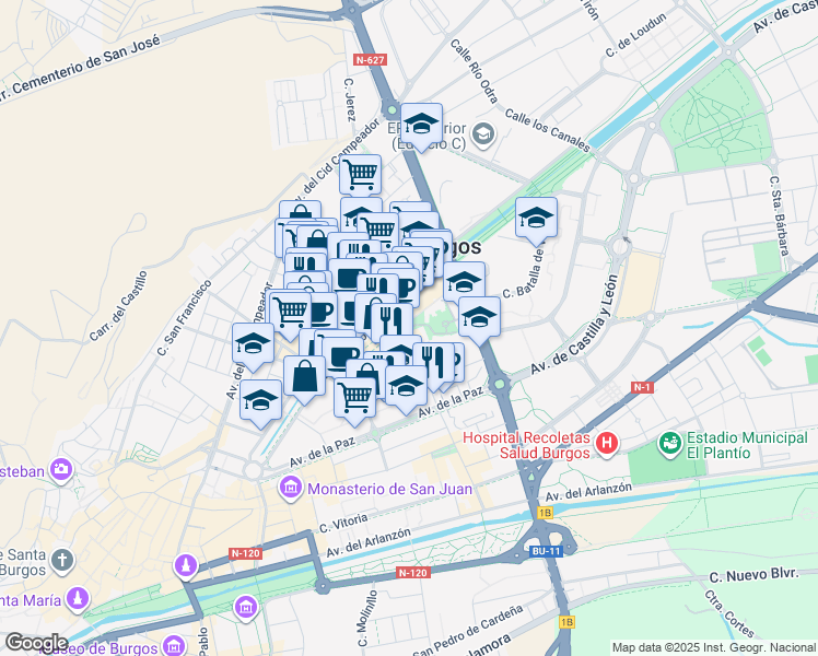 map of restaurants, bars, coffee shops, grocery stores, and more near 14 Calle Soria in Burgos
