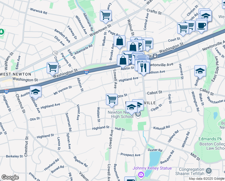 map of restaurants, bars, coffee shops, grocery stores, and more near 269 Lowell Avenue in Newton