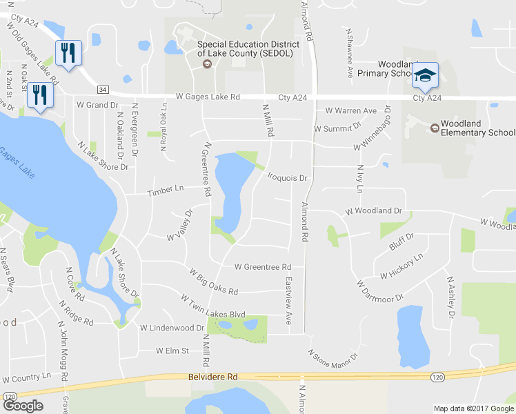 map of restaurants, bars, coffee shops, grocery stores, and more near 33397 North Mill Road in Grayslake