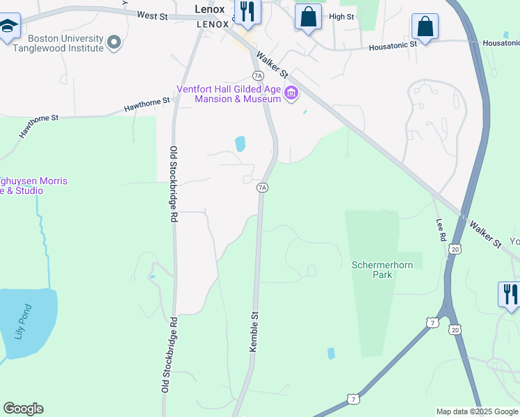 map of restaurants, bars, coffee shops, grocery stores, and more near 104 Kemble Street in Lenox