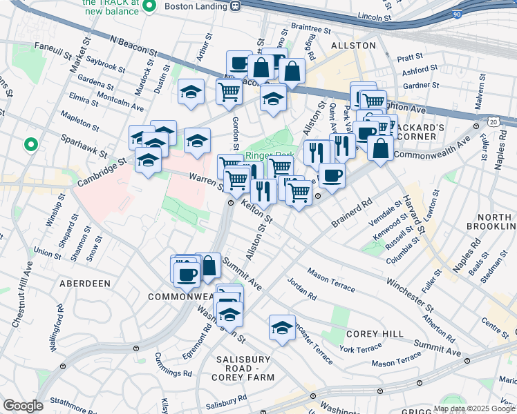 map of restaurants, bars, coffee shops, grocery stores, and more near 153 Kelton Street in Boston