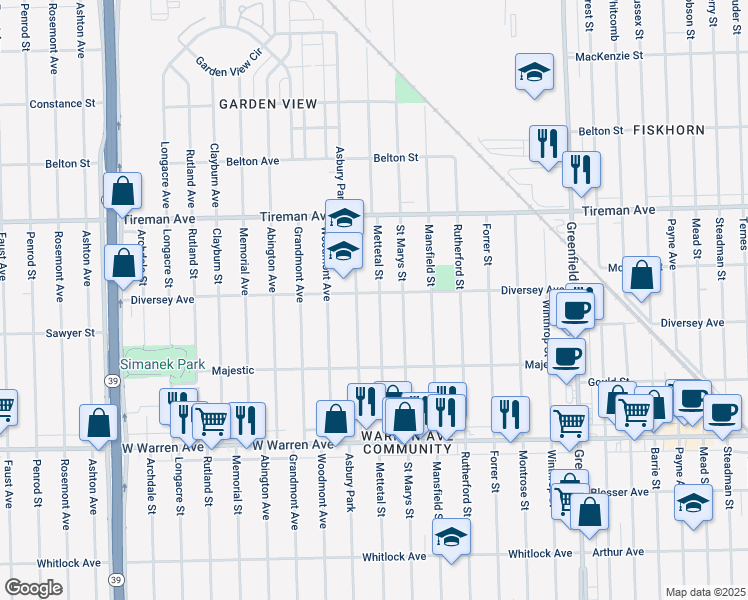 map of restaurants, bars, coffee shops, grocery stores, and more near 7549 Mettetal Street in Detroit